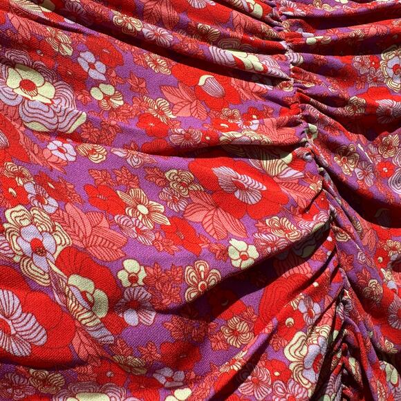 Rohe Sadie Long Sleeve Retro Floral Ruched Mini Dress Red Multi Size 34 FR 2 US - Picture 5 of 15